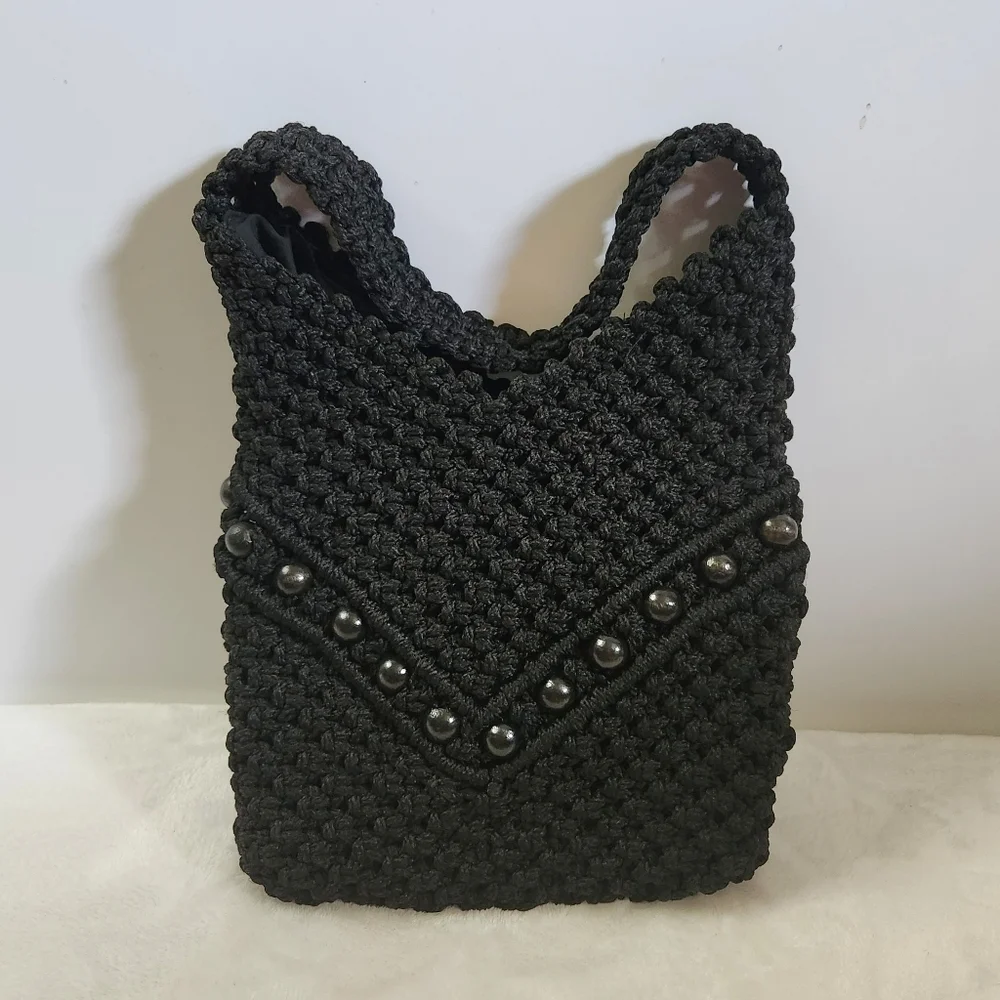 Vintage Hobo Boho Black Beaded Crochet Handbag Shoulder Bag Purse Bag